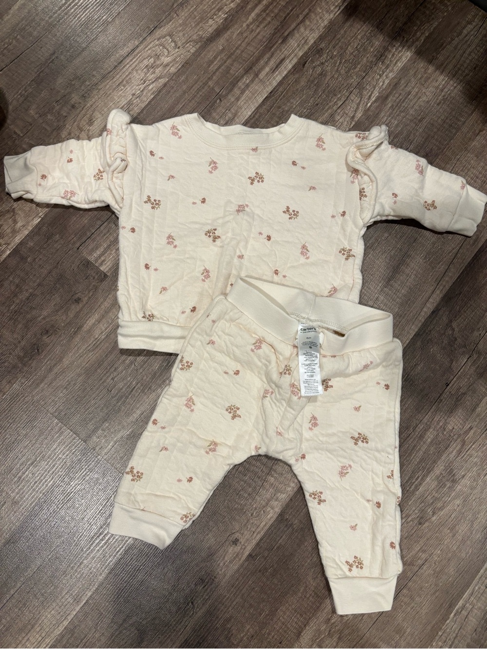 Cream Floral Quilted Baby Pajama Matching Set - Soft Cozy Sleepwear